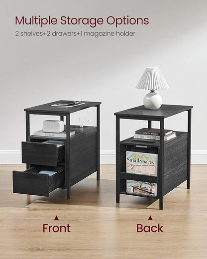 VASAGLE Side End Table with Charging Station, Slim Nightstand with 2 Drawers, Narrow Bedside Table for Living Room, Small Spaces, Charcoal Gray and Ink Black ULET321B22