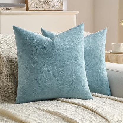 FUTEI Grey Blue Velvet Throw Pillow Covers 22x22 Inch Set of 2,Soft Embossed Leaf-Relief Textured Cushion Cases,Natural Home Decor for Couch Living Room