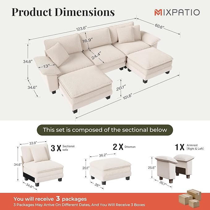 123-Inch U Shaped Sectional Sofa with Cloud Cushions, Deep Seat Modular Couch Set w/ 5 Seats & 2 Ottomans, Plush Chenille & Corduroy Upholstery for Living Room, Apartment - Beige