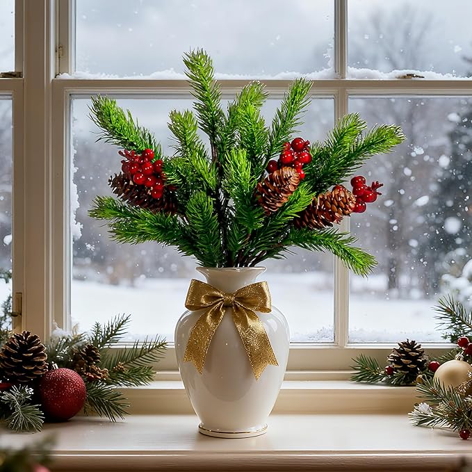 8PCS Artificial Pine Branches with Red Berry Pine Cones Artificial Needles Branches Greenery Stems Fake Greenery Floral Arrangements