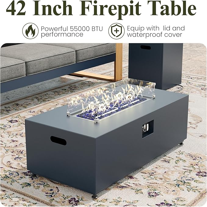 LayinSun 5 Pieces Aluminum Patio Furniture Set with Fire Pit Table, Oversized Seat with Hight Back, Outdoor Conversation Sets for Porch, Balcony, Deck