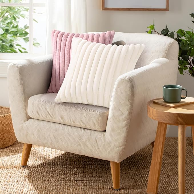 Pallene Faux Fur Plush Christmas Throw Pillow Covers 24x24 Set of 2, Luxury Soft Fluffy Striped Decorative Pillow Covers for Sofa, Couch, Living Room, Cream White