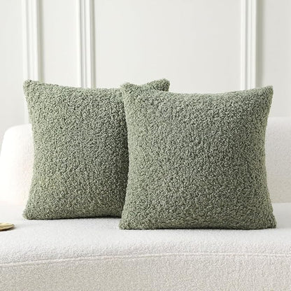 FUTEI Sage Green Throw Pillow Covers 18x18 Inch Set of 2,Furry Faux Fur Teddy Boucle Textured Cushion Covers,Soft Fluffy Decorative Pillow Case,Home Decor for Couch Bed Living Room Office Car