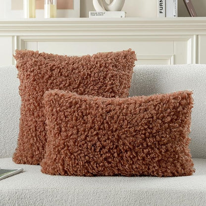 FUTEI Rust Decorative Throw Pillow Covers 20x20 Inch Set of 2,Soft Fluffy Faux Wool Fur Boucle Textured Cushion Case,Modern Home Decor for Couch Bed Living Room Office
