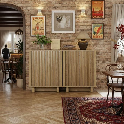 LukeAlon Fluted Sideboard Cabinet with Storage, Farmhouse Boho Accent Buffet Cabinet, 31.5" Height Wooden Small Credenza Cabinets for Living Room Dining Room Entryway Hallway, Natural Wood Color