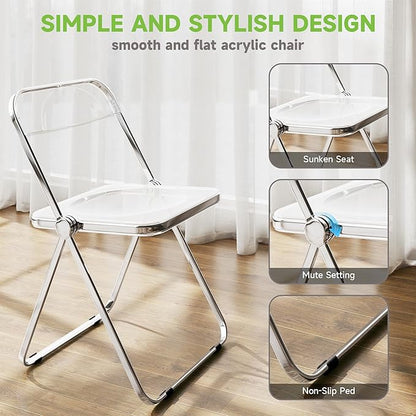 Real Relax Acrylic Folding Chairs,Foldable & Stackable Clear Chairs with Metal Chrome Frame, Indoor and Outdoor, for Home, Office, Party & Events,Set of 4,350LB,Transparent