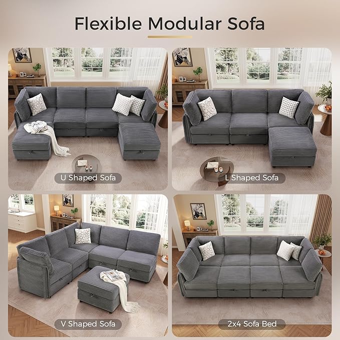 KKL Modular Sectional Sofa Bed with Storage Ottoman, Convertible L/U/J-Shaped Sleeper Couch Plush Wide-Wale Corduroy for Living Room, Apartment, Modern Design, Gray