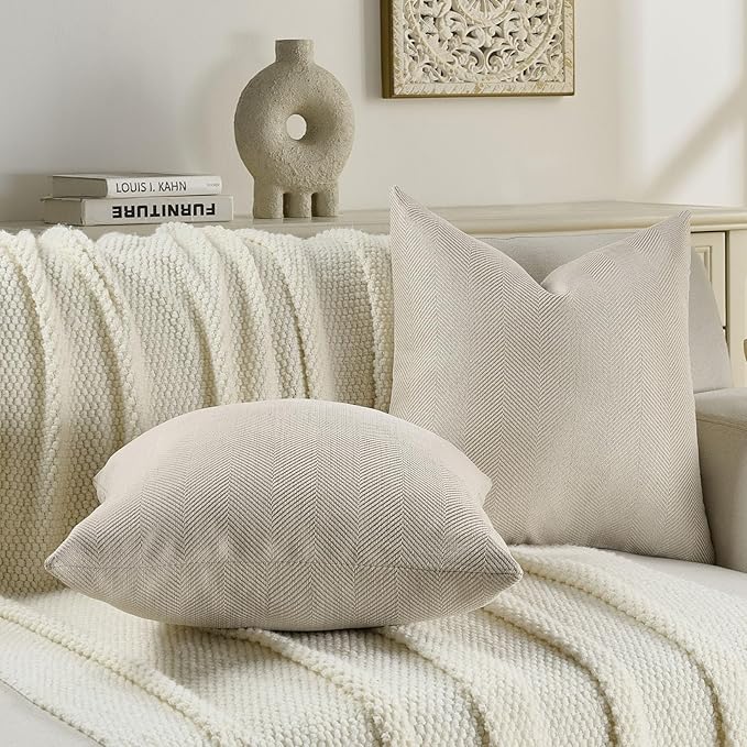 FUTEI Beige Chenille Throw Pillow Covers 24x24 Inch Set of 2,Soft Wide Chevron Textured European Pillow Shams,Farmhouse Home Decor for Couch Bed Living Room
