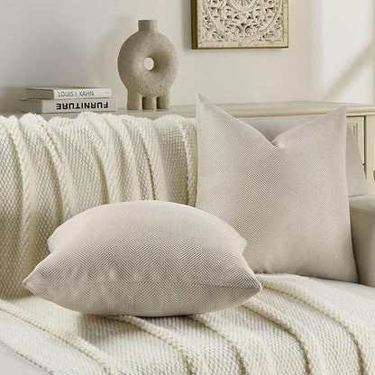 FUTEI Beige Chenille Throw Pillow Covers 18x18 Inch Set of 2,Soft Wide Chevron Textured Cushion Case,Farmhouse Home Decor for Couch Bed Living Room