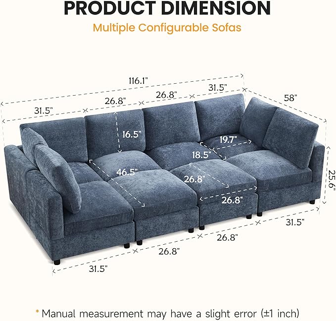 Modular Sectional Cloud Sofa Bed, 8-Seater Convertible Sofa Couch with Ottoman, Modern Deep Seat Sleeper Sofa for Living Room, Chenille Blue