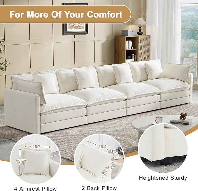 Modular Sectional Sofa, 146.5 Inch I-Shaped Cloud Sofa with Deep Seat Chenille Sofa with Cushions, Four Seater Sectional Sofa for Living Room Apartment,White