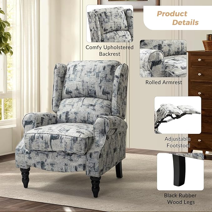 HULALA HOME Upholstered Wingback Recliner Chair Set of 2, Small Adjustable Footrest Push Back Single Reclining Sofa, Mid Century Modern Lounge Armchair for Living Room, Bedroom, Reading/Grey