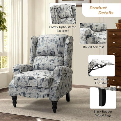 HULALA HOME Upholstered Wingback Recliner Chair Set of 2, Small Adjustable Footrest Push Back Single Reclining Sofa, Mid Century Modern Lounge Armchair for Living Room, Bedroom, Reading/Grey