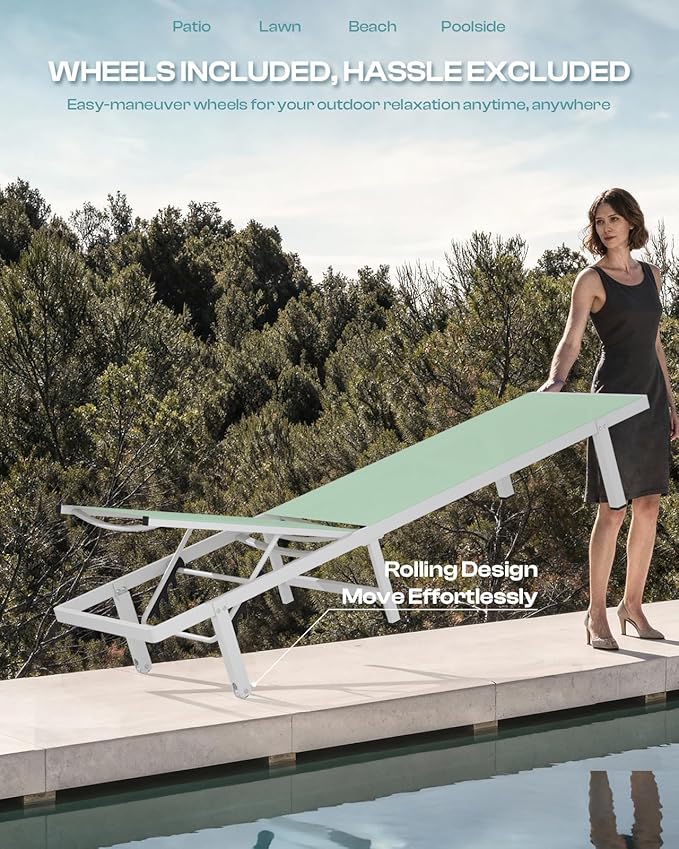 Pool Lounge Chairs, Chaise Lounge Outdoor with Wheels and 5-Position Recliner -Easy to Move- Aluminum Patio Lounge Chair for Poolside, Deck (LightGreen)