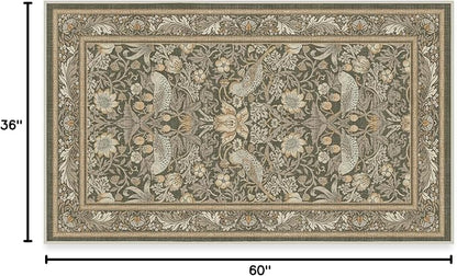 RUGGABLE x Morris & Co Machine Washable Area Rug – Strawberry Thief Stone Gold 3x5, Stain-Resistant, Non-Slip – Small Rugs for Living Room, Bedroom, Hallway, Entryway & Office–with Cushioned Pad