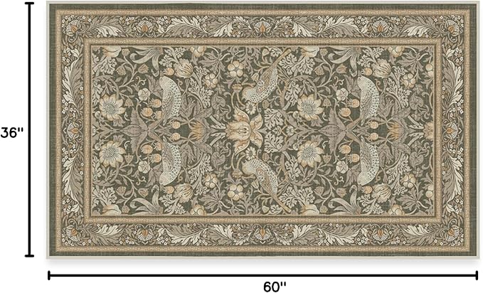 RUGGABLE x Morris & Co Washable Area Rug– Strawberry Thief Stone Gold 3x5, Stain-Resistant, Non-Slip–Small Machine Washable Rugs for Living Room, Bedroom, Hallway, Entryway & Office–with Standard Pad