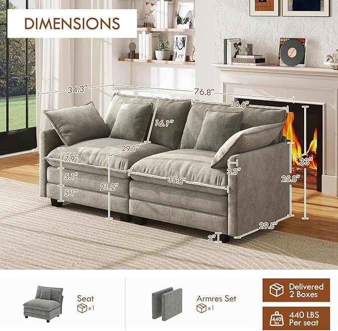 WorthFurni 77 Inch Cloud Sofa Loveseat, Comfy Sectional Couch, 2-Seater Chenille Deep Seat Sofa with Throw Pillows for Living Room Bedroom Apartment （Grey）