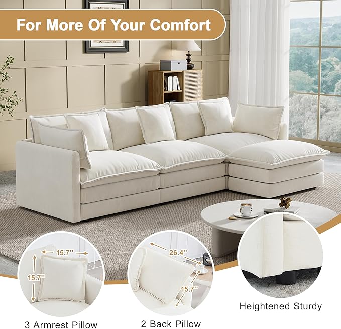 Modular Sectional Sofa, 111.5 Inch L-Shaped Cloud Sofa with Deep Seat Chenille Sofa with Cushions, Three-Self Sectional Sofa for Living Room Apartment,White