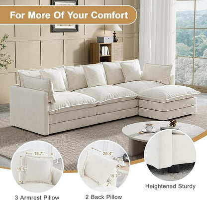 Modular Sectional Sofa, 111.5 Inch L-Shaped Cloud Sofa with Deep Seat Chenille Sofa with Cushions, Three-Self Sectional Sofa for Living Room Apartment,White