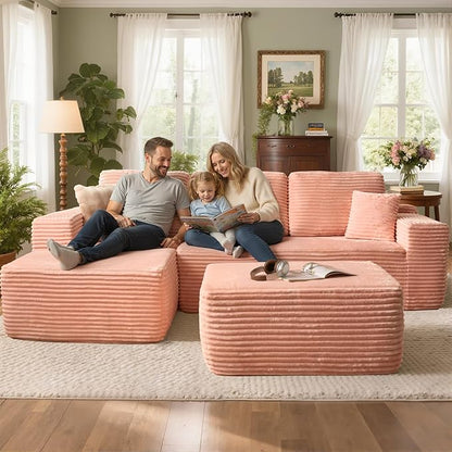 106" Cloud Sectional Couch with L-Shape Chaise & Ottoman, No Assembly Modular Sofa, Deep Seat Plush Corduroy Boneless Couched for Living Room (Pink Plush Corduroy, Left Facing Chaise with Ottoman)