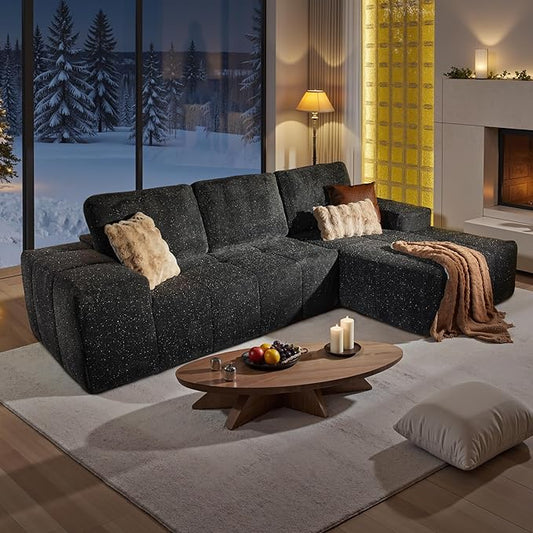 114" Glitter Cloud Sectional Couch with L-Shape Chaise, Modern Boneless Couches for Living Room, Fluffy Tufted Deep Seat Modular Sofa in a Box No Assembly