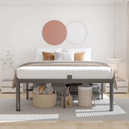 ROIL 12 inch King Size Bed Frame Metal Platform No Box Spring Needed with Headboard Hole Round Corner Legs Mattress Stoppers Retainers 3500LBS Heavy Duty Steel Slats Noise-Free
