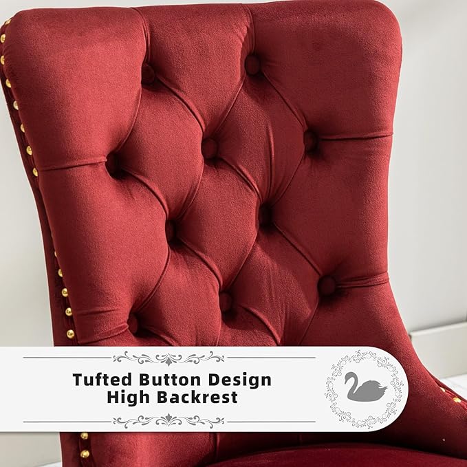 Velvet Upholstered Dining Chairs Set of 2, Modern Style Kitchen Side Chairs with Nailhead Trim and Gold Plated Leg, Metal Pulling Ring for Dining Room Living Room(Wine Red-Gold Plated Leg)