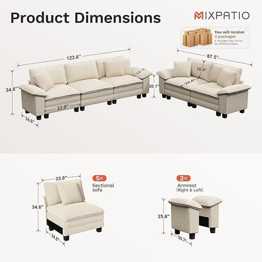 L-Shaped Cloud Modular Sofa Set with Chaise Lounge, 5-Piece Sectional & Deep Seat, Plush Corduroy w/Removable Arms for Living Room - Beige