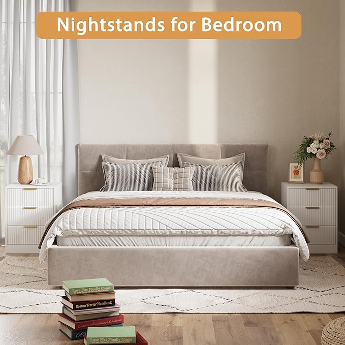 3-Piece Modern Bedroom Furniture Set, Wide 9-Drawer Dresser & 3-Drawer Nightstands Set of 2, Natural Wood Dresser and Nightstand Sets for Bedroom, Hallway, White