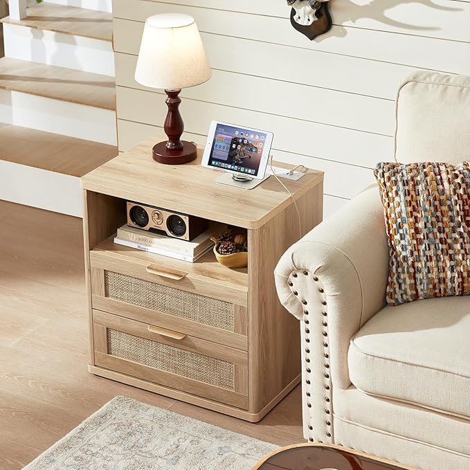 LEYAOYAO Rattan Night Stand with Charger Station, 23" Wide Boho Nightstand with 2 Drawers, Natural Wood Bedside Table Open Storage Cabinet, Bed Side End Tables Dresser for Bedroom, Living Room Hallway