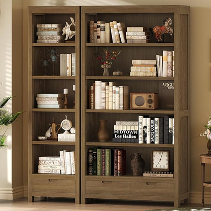 TVU 5-Tier Solid Wood Bookshelf with Drawers, 72-inch Tall Standing Bookcase, 17.7" Wide Open Display Shelf for Living Room, Study, Office Storage, Deep Wood Color