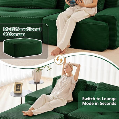 150.4” Green Boneless Couches for Living Room, Modular Sectional Sofa with U-Shape Chaise, 4 Seater Comfy Upholstered Deep Seat Corduroy Fabric Cloud Couch No Assembly, Anti-Slip Design