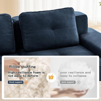 115.3” Blue Boneless Couches for Living Room, Modular Sectional Sofa with U-Shape Chaise, 3 Seater Comfy Upholstered Deep Seat Corduroy Fabric Cloud Couch No Assembly, Anti-Slip Design