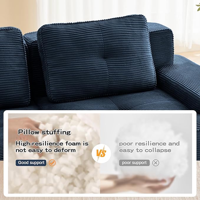 150.4” Blue Boneless Couches for Living Room, Modular Sectional Sofa, 4 Seater Comfy Upholstered Deep Seat Corduroy Fabric Cloud Couch No Assembly, Anti-Slip Design