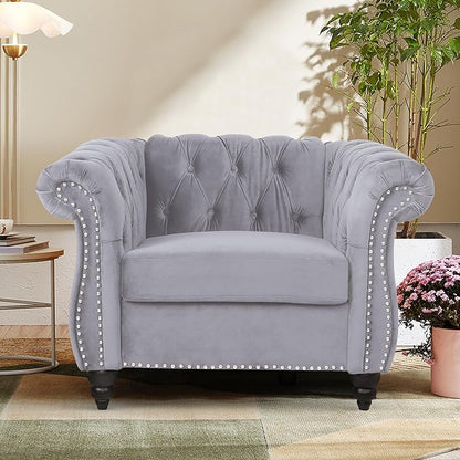 2 Piece Living Room Furniture Set, Velvet Loveseat and Chair Set, Mid Century Modern Upholstered Sofa Couch with Cushions, Comfy Tufted Chesterfield Couches for Living Room, Bedroom, Office