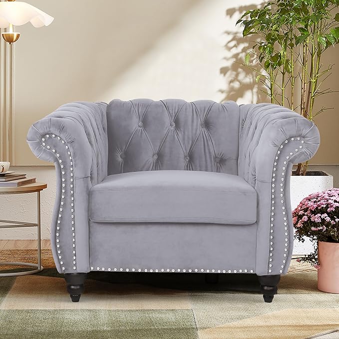 2 Piece Living Room Sofa Set, 3 Seater Velvet Sofa Couch and Chair Set, Mid Century Modern Upholstered Couch with Cushions, Comfy Tufted Chesterfield Couches for Living Room, Bedroom, Office