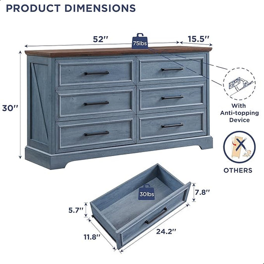 ACCOHOHO Farmhouse 6 Drawer Dresser for Bedroom, 52 Inch Wide Modern Dresser TV Stand with Large Drawers & Bar Handles, Rustic Wood Chest of Drawers for Bedroom, Living Room, Hallway, Blue