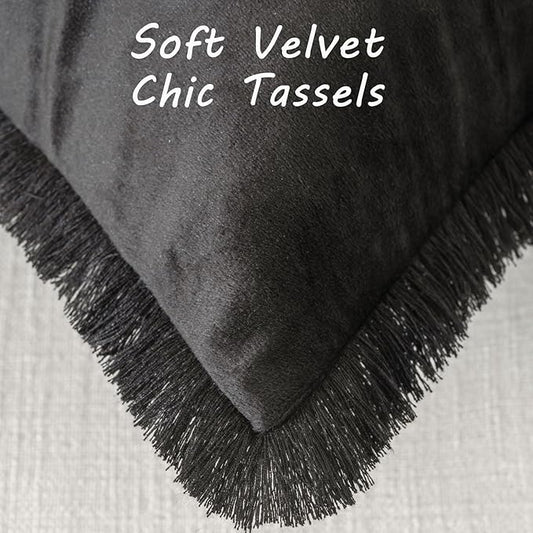 FUTEI Black Velvet Decorative Throw Pillow Covers 20x20 Set of 2,Soft Cozy Edge with Tassels Cushion Case,Boho Modern Home Decor for Couch Bed Living Room