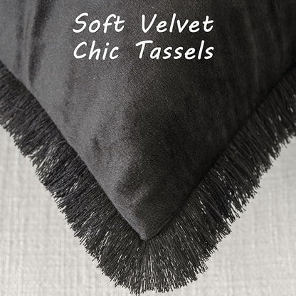 FUTEI Black Velvet Decorative Throw Pillow Covers 26x26 Set of 2,Soft Cozy Edge with Tassels Euro Pillow Shams,Boho Modern Home Decor for Couch Bed Living Room
