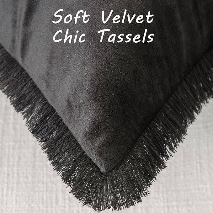 FUTEI Black Velvet Decorative Throw Pillow Covers 18x18 Set of 2,Soft Cozy Edge with Tassels Cushion Case,Boho Modern Home Decor for Couch Bed Living Room