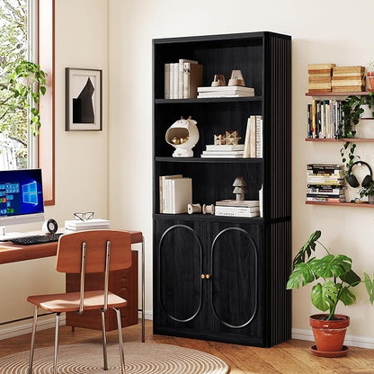 70.8" Tall Fluted Bookshelf with Storage Cabinet Set of 2, Modern 5-Tier Wood Bookcase with Open Display Storage Shelf, Gold Handles for Office Living Room (Black)