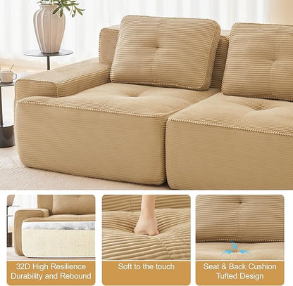 150.4” Camel Boneless Couches for Living Room, Modular Sectional Sofa with U-Shape Chaise, 4 Seater Comfy Upholstered Deep Seat Corduroy Fabric Cloud Couch No Assembly, Anti-Slip Design