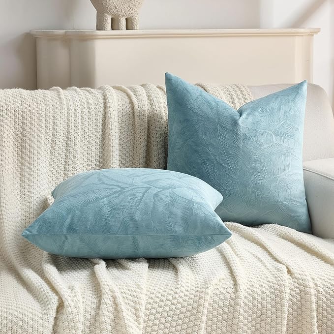 FUTEI Grey Blue Velvet Throw Pillow Covers 22x22 Inch Set of 2,Soft Embossed Leaf-Relief Textured Cushion Cases,Natural Home Decor for Couch Living Room