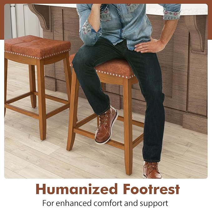 COSTWAY Saddle Bar Stools Set of 2, 25-Inch Counter Height Barstools w/PU Leather Seat, Solid Rubber Wood Frame, Footrest, Mid-Century Backless Counter Stools for Kitchen Island Home Bar