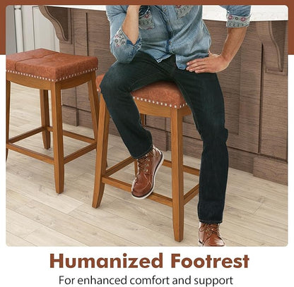 COSTWAY Saddle Bar Stools Set of 2, 25-Inch Counter Height Barstools w/PU Leather Seat, Solid Rubber Wood Frame, Footrest, Mid-Century Backless Counter Stools for Kitchen Island Home Bar