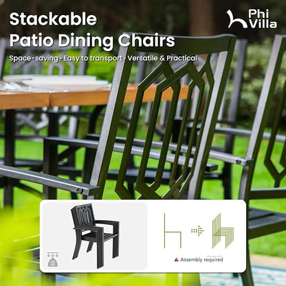 PHI VILLA Set of 4 Stackable Wrought Iron Patio Dining Chairs, Portable Black Outdoor Bistro Deck Metal Chairs, Support 300 lbs, Ideal for Garden, Backyard, Lawn