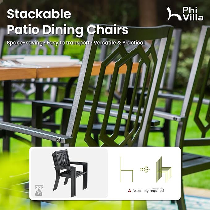 PHI VILLA Set of 6 Stackable Wrought Iron Patio Dining Chairs, Portable Black Outdoor Bistro Deck Metal Chairs, Support 300 lbs, Ideal for Garden, Backyard, Lawn