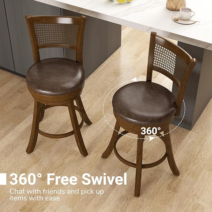 COSTWAY 25” Swivel Counter Height Barstools Set of 2, Rubber Wood Bar Stools with Rattan Backrest, Footrest, Upholstered Leathaire Armless Chairs for Kitchen Island, Pub, Brown (2, 25” Seat Height)