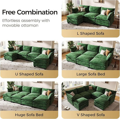 KKL 91.3" Large Modular Sectional Sofa Bed, 6 Seater Convertible U/J/L-Shaped Sleeper Cloud Couch with Ottoman, Chenille Sectional Couches for Living Room, Apartment, Green