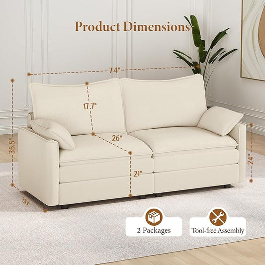 Vesgantti 74" Loveseat Sofa for Living Room, Comfy Cloud Couch Deep Seat Chenille Modern 2 Seater Small Sofa with Armrest Pillow, Easy Assembly for Small Spaces, Beige